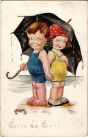 Children art postcard, romantic couple, beach. A.R. & Co. I. B. 1541-1. (EB)