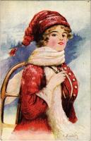1918 Lady art postcard, sledding, winter sport. F.H. & S. W. IX. Nr. H. 396. s: K. Marhold (EK)