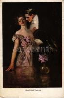 Blumensprache / Lady art postcard, romantic couple. M. Munk Wien Nr. 742E. (lyuk / pinhole)
