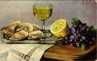 Still life art postcard with oyster and lemon. Serie 609. (12 Sujets) s: M. Billing (EK)