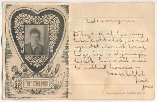 Édesanyámnak. Kihajtható anyák napi üdvözlet, hátoldalon fiú ráragasztott fotójával / Mother's ...