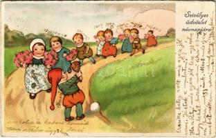 1939 Szívélyes üdvözlet névnapjára / Name's Day greeting art postcard s: W. Fialkowska