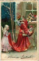Buon Natale / Christmas greeting art postcard with Saint Nicholas and gifts