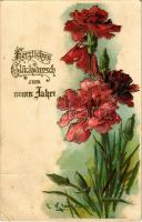 1905 Herzlichen Glückwunsch zum neuen Jahre / New Year greeting art postcard with flowers. Emb. litho (szakadás / tear)