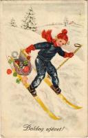 1943 Boldog Újévet! / New Year greeting art postcard, ski, winter sport (ragasztónyom / glue mark)