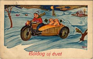 1942 Boldog Újévet! / New Year greeting art postcard, pigs in the motorcycles sidecar (EK)