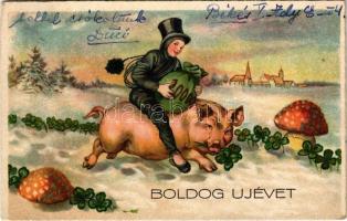 Boldog Újévet! / New Year greeting art postcard, chimney sweeper with pig, clovers, bag of money and mushroom (EK)