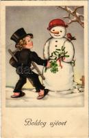 Boldog Újévet! / New Year greeting art postcard, chimney sweeper with snowman and clovers