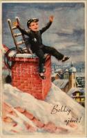 Boldog Újévet! / New Year greeting art postcard, chimney sweeper