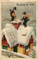 Boldog Újévet! / New Year greeting art postcard, chimney sweepers. ERIKA Nr. 6322.