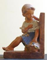 cca 1950 Gondos József (1909-1987) művész szignójával ellátott virágszedő kislányt ábrázoló kerámia könyvtámasz, 19cm-es magassággal