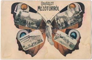 1909 Mezőtúr, Gőz és kádfürdő, Artézi kút, Magy. kir. Állami felső leányiskola, Új Berettyó vashíd. Kanyó Antal kiadása. Szecessziós pillangós hölgy montázs művészlap / Art Nouveau butterfly lady montage art postcard (EK)