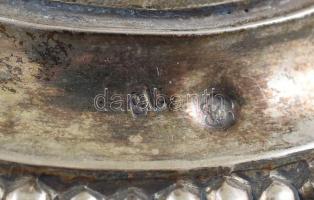 Ezüst (Ag) szecessziós gyümölcskínbáló, rajta fújt, halvány zöldes, fodros überfangglas, öblében zom...