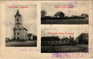 1912 Nick, Római katolikus templom, iskola és paplak, vasútállomás (Rb)