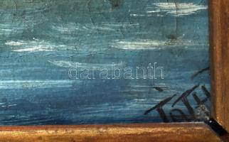 Tóth jelzéssel: Tengerpart hajókkal. Olaj, vászon, sérült, sérült fakeretben, 35,5x27,5cm