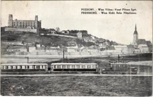 1914 Pozsony, Pressburg, Bratislava; Wien villámvasút Pötsen liget (Pozsonyligetfalu, Ligetfalu), Bécsi villamos vonat / Wien Elektr. Bahn Pötschenau / Viennese electric train in Petrzalka, tram (EK)