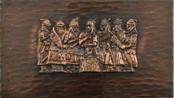 Retró dém doboz, fa betéttel, tetején vérszerződés relief, (Álmos, Előd, Ond, Kond, Tas, Huba, Töhöt...