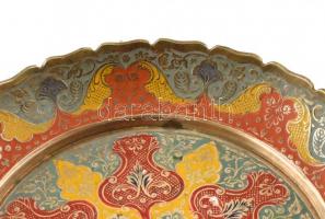 Indiai zománcozott kínálótál, réz, jelzés nélkül, kopott, d:20cm