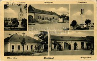 1942 Mezőbánd, Band, Bandorf; Református templom és kultúrház, Községháza, Országzászló, Állami iskola, Hangya szövetkezet üzlete és saját kiadása / Calvinist church, community center, town hall, Hungarian flag, school, cooperative shop (Rb)