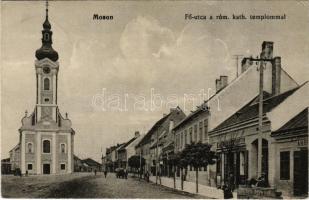 1914 Moson (Mosonmagyaróvár), Fő utca, Római katolikus templom, üzletek. Fischer Ignác kiadása (EK)