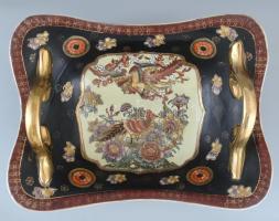 Terebess kerámia kínálótál, asztalközép kézzel festett jelzett hibátlan 32x 23 cm