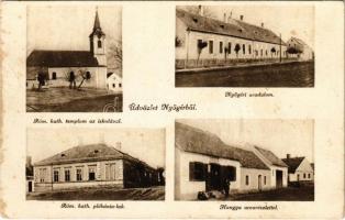 1929 Nyőgér, Római katolikus templom az iskolával, Nyőgéri uradalom, Római katolikus plébánia lak, Hangya szövetkezet üzlete. Steegmüller fényirda (EB)