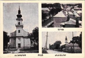 Pilis, Evangélikus templom, utca részlet, látkép. Páhi István kiadása (EK)