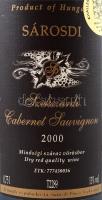 2000 Sárosdi Szekszárdi Cabernet Sauvignon 2000,13%, szakszerűen tárolt, díjnyertes, bontatlan palac...