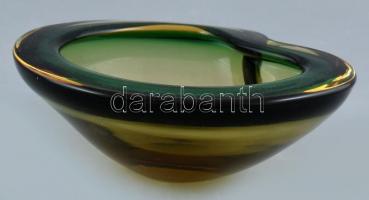 Muránói Sommerso design üveg kínáló tál, sötétzöld-borostyán színben, anyagában színezett, kis kopás...