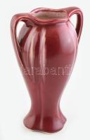 Szecessziós bordó mázas fajansz váza, jelzett, minimális kopással, m: 24,5 cm