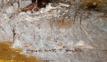 Németh B. jelzéssel: Havas erdő. Olaj, fa, keret nélkül, 19,5x29,5cm