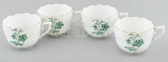 Herendi zöld virág mintás mokkás csésze aljjal, 4db, kézzel festett, jelzett, apró kopásnyomokkal