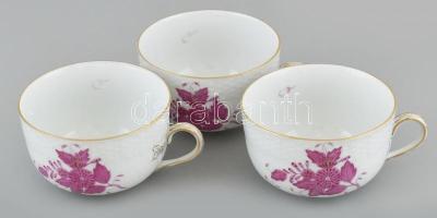Herendi purpur Apponyi teás csésze aljjal, 3db, kézzel festett, kopásnyomokkal, jelzett