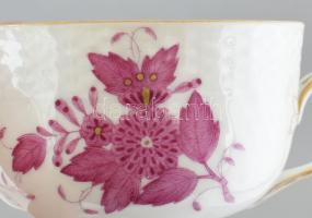 Herendi purpur Apponyi teás csésze aljjal, 3db, kézzel festett, kopásnyomokkal, jelzett