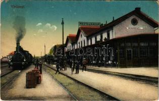 1914 Vinkovce, Vinkovci; Kolodvor Restauracija / Bahnhof / vasútállomás és étterem, gőzmozdony, vonat / railway station and restaurant, train, locomotive (szakadás / tear)