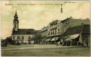 Zombor, Sombor; Szt. György templom, tér, Ráczits és Czvrkusits fűszer nagykereskedők üzlete, Szuppek üveg, porcelán és lámpa, Szerb Dalegylet háza. Karakasevits Mil. / church, square, shops, Serbian Singing House