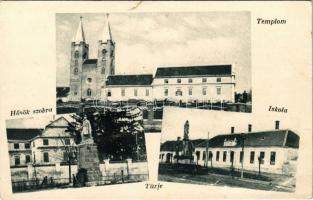 1942 Türje, Templom, Hősök szobra, emlékmű, Iskola. Paraicz Ernőné kiadása (szakadás / tear)