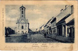 1900 Moson (Mosonmagyaróvár), Fő utca, templom, üzletek. Ant. Kumpf felvétele és kiadása (ázott / wet damage)