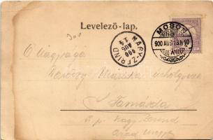 1900 Moson (Mosonmagyaróvár), Fő utca, templom, üzletek. Ant. Kumpf felvétele és kiadása (ázott / we...