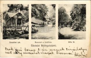 1905 Büdöspataka-fürdő, Bizusa-Bai; Erzsébet kút, Bemenet a fürdőhöz, Sétaút. Dr. Móricz Aladár amatőr felvétele / spring source, spa, bath, promenade (r)