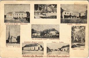 1935 Bonchida, Bontida; Scoala prim. de stat, Biserica r. c., Bis. din timpului Arpad, Hergelie, Vedere, Conzumul "Hangya" / Állami elemi iskola, Római katolikus templom, Árpád-kori templom, Méntelep, látkép, utca, Hangya Szövetkezet üzlete / elementary school, Catholic church, stud farm, general view, street view, cooperative shop (fa)