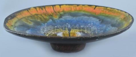 Retró színes mázas nagyméretű kerámia falitál, Mónika jelzéssel, kis kopással, d: 36 cm