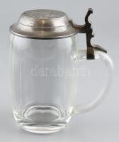 Püls-Brau német söröskorsó, üveg, ón fedővel, kopásnyomokkal, m: 17 cm