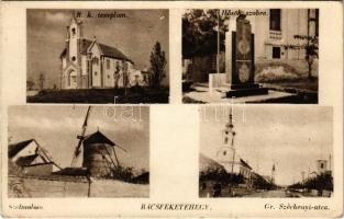 Bácsfeketehegy, Feketic; Római katolikus templom, Hősök szobra, emlékmű, Szélmalom, Gróf Széchenyi utca / Catholic church, military monument, windmill, street view (EK)