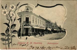 1903 Hódmezővásárhely, Andrássy utca, üzletek. Reisz Bazár kiadása. Art Nouveau (EK)