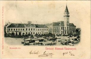 1900 Hódmezővásárhely, Kossuth tér, piac, Városháza, üzletek. Grossmann Benedek kiadása (fl)