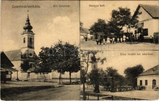 1940 Szentmártonkáta, Református templom és iskola, utca részlet, piac, Hangya szövetkezet üzlete (EK)