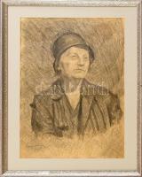 Nagy István jelzéssel: Kalapos hölgy portréja. Ceruza, papír, 41x29 cm. Dekoratív, üvegezett fakeretben.