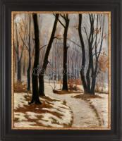 Ferenczy Valér jelzéssel: Havas erdő. Olaj, karton. 60x50 cm. Dekoratív fakeretben