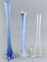 3 db váza: Muranói üveg váza. Anyagában színezett, matricával jelzett. m: 48 cm + 2 db üveg váza 30-60 cm